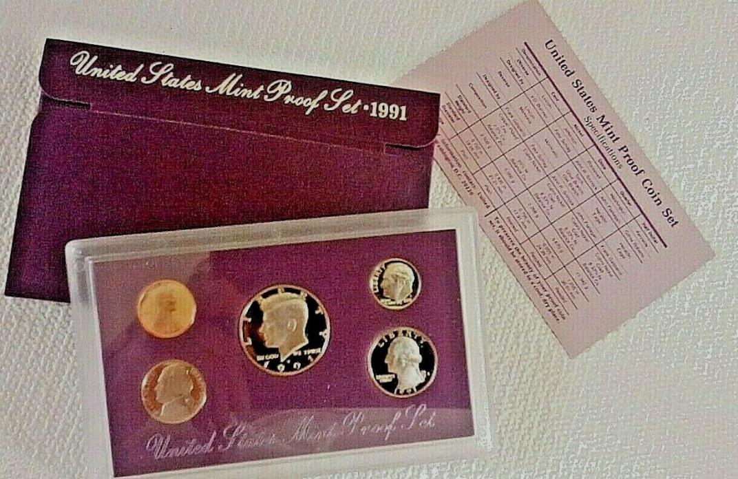 1991 S United States Proof Coin Set in US Mint Packaging with Spec Card 5 coins