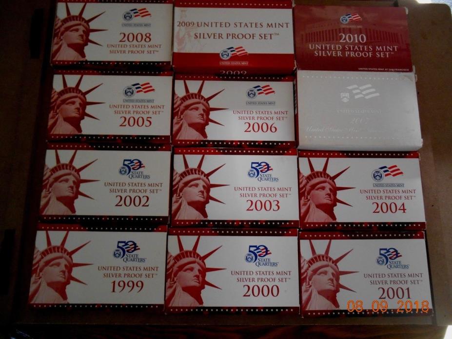 US Mint Silver Proof Sets,  1999 - 2010, 12 complete sets, REDUCED!