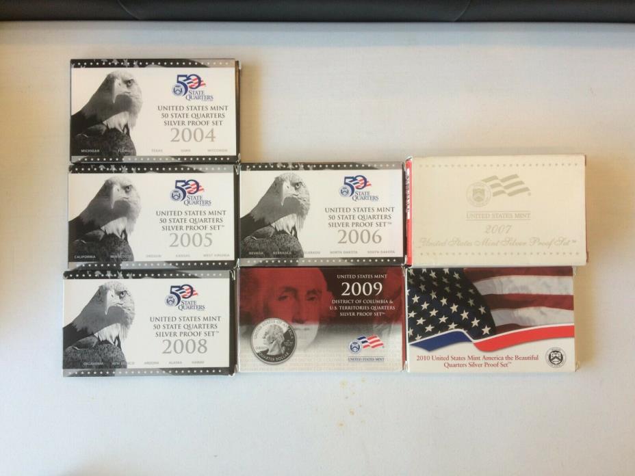 7 Set Lot 2004-10 United States Mint 90% Silver Quarters / Proof Set W/Packaging