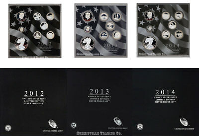 LOT OF 3 LIMITED EDITION SILVER PROOF SETS 2012 2013 2014 US MINT PACKAGING COA