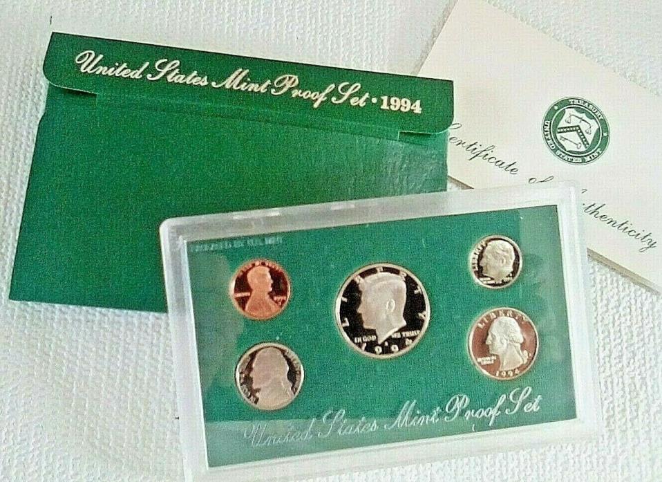 1994 S United States Proof Coin Set in US Mint Packaging with Spec Card 5 coins