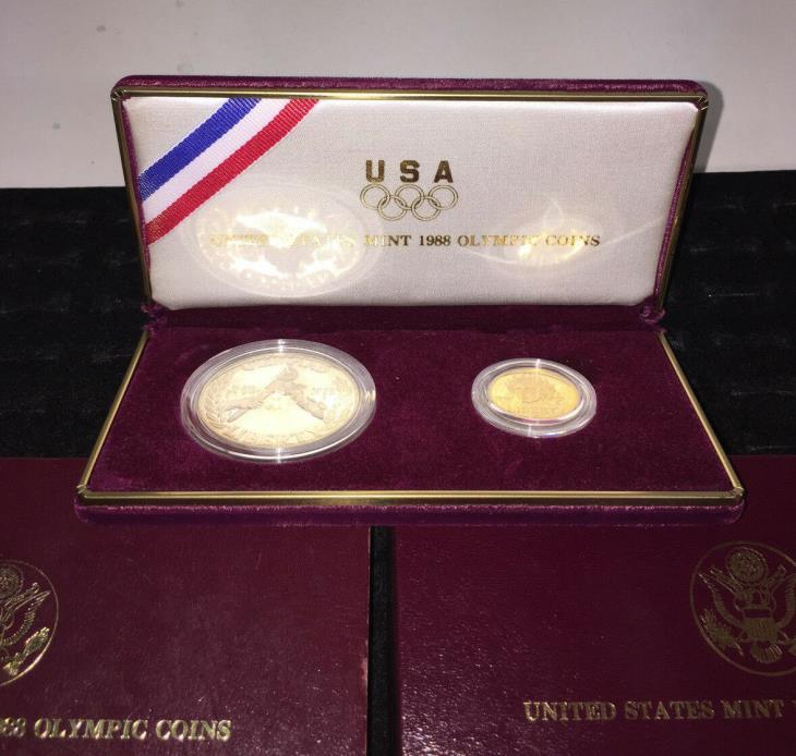 1988 Olympic Coins US Mint $1 SILVER DOLLAR & 999 GOLD $5 COIN w/COA