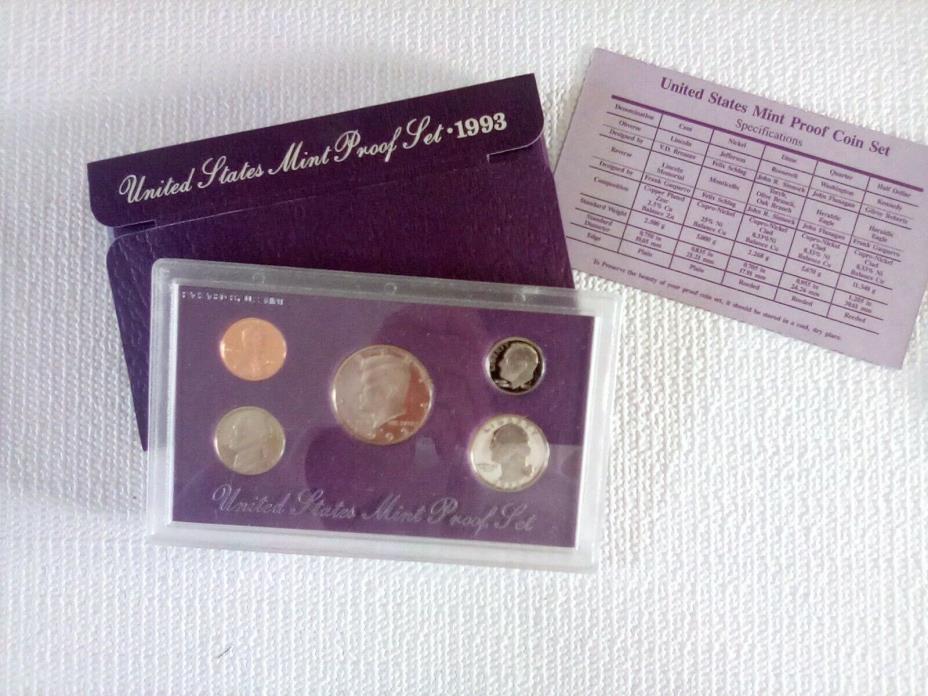 1993 S United States Proof Coin Set in US Mint Packaging with Spec Card 5 coins