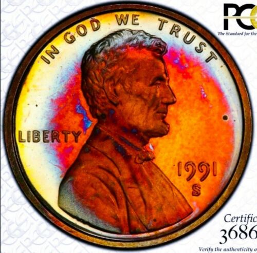 1991 S PR66 BR LINCOLN  PENNY CENT *PROOF/RAINBOW TONING. TRUE VIEW