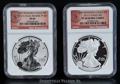 2012-S SILVER EAGLE S.F. 75TH ANNIV. 2-COIN SET NGC PF69 REVERSE PROOF & ULTRA