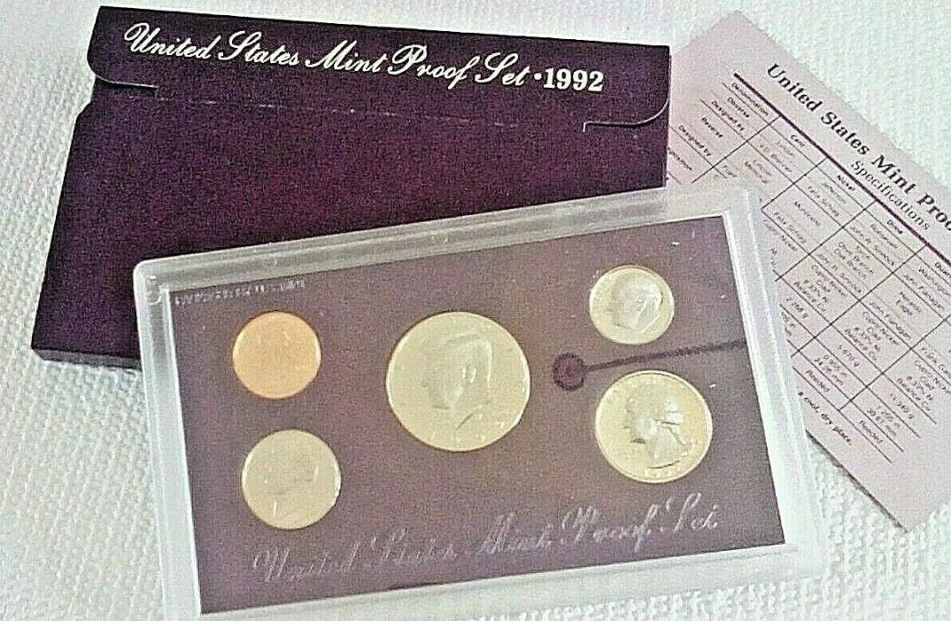 1992 S United States Proof Coin Set in US Mint Packaging with Spec Card 5 coins