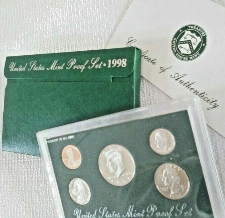 1998 S United States Proof Coin Set in US Mint Packaging with Spec Card 5 coins