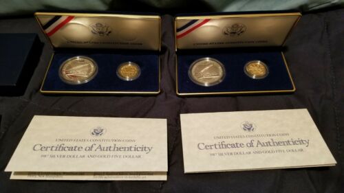 Lot of 2 1987 US Constitution Comm. 2-Coin Gold and Silver Proof Sets w/COA