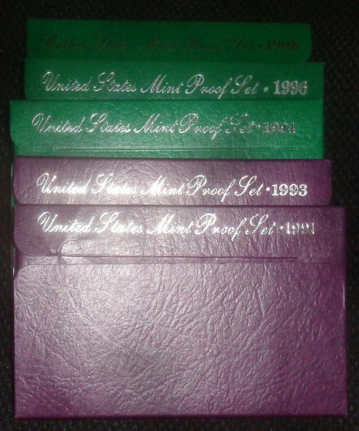 5 US Mint Proof Sets, '91, '93, '94, '96, '98