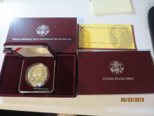 1993-S Proof Thomas Jefferson 250th Anniversary Silver Dollar Coin OGP COA