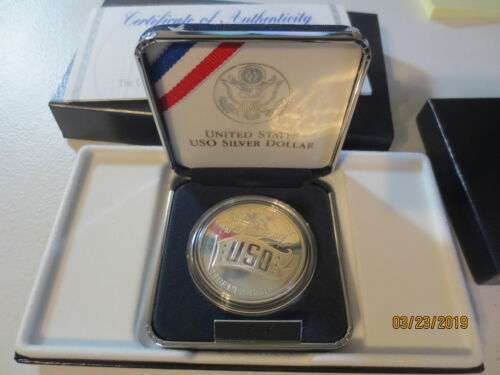 1991 USO proof commemorative silver dollar w/ box, case & COA c