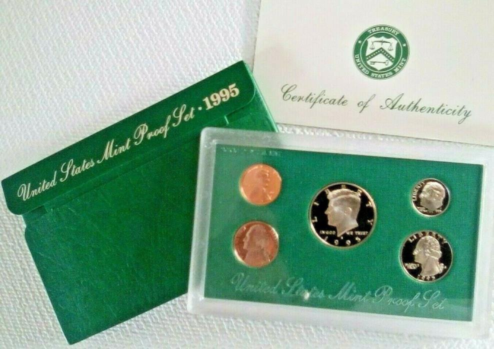 1995 S United States Proof Coin Set in US Mint Packaging with Spec Card 5 coins