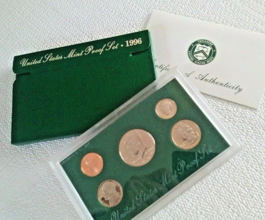 1996 S United States Proof Coin Set in US Mint Packaging with Spec Card 5 coins