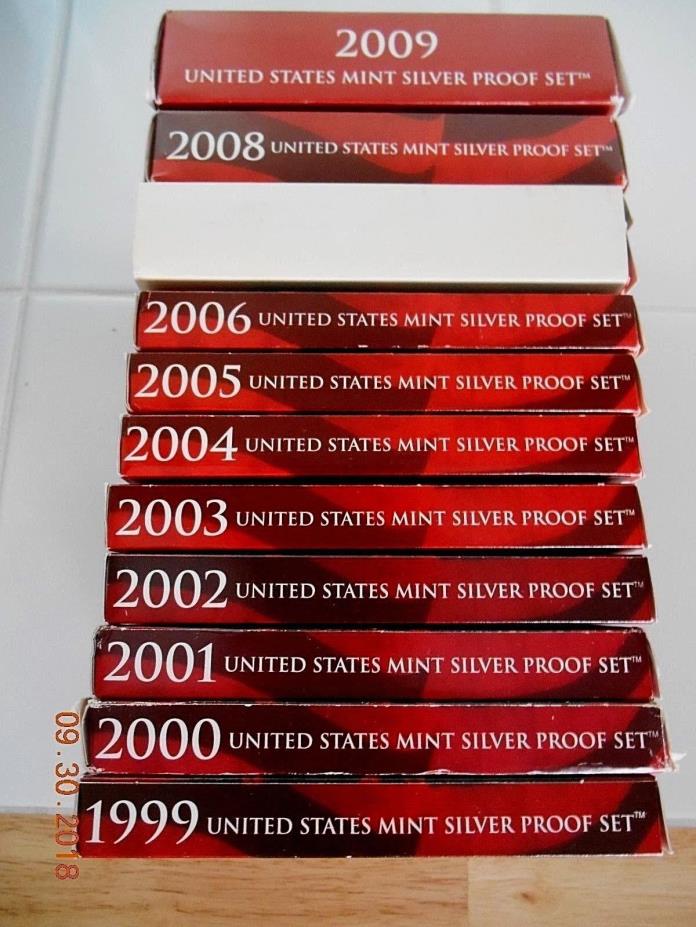 1999-2009 US MINT SILVER PROOF SETS OGP