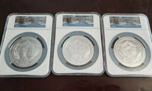 3 - 2015 5 Oz Silver Homestead MS69DPL  First Day Issue