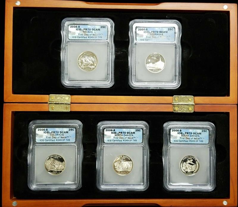 Set of 5 2006-S Statehood Quarters ICG PR 70 DCAM First Day of Issue Wooden Box