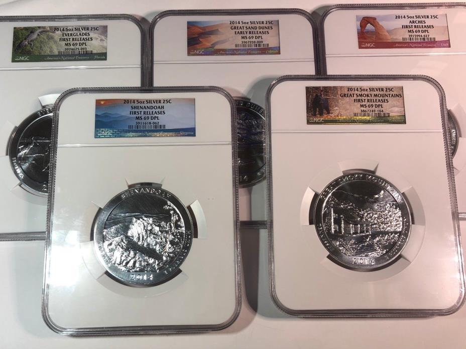2014  America The Beautiful ATB 5 oz  5 Coin Set NGC MS69 DPL FR (4) ER (1)