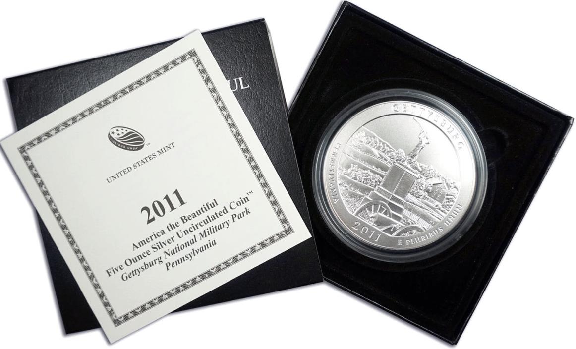 2011 Gettyburg Natl Military Park 5 oz America the Beautiful Coin with Box & COA