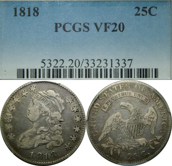 1818 25c Capped Bust Silver Quarter PCGS VF20 rare old type coin old money
