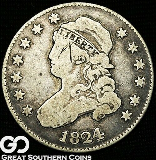 1824 Capped Bust Quarter, Hard To Find Early Silver Key Date ** Free Shipping!