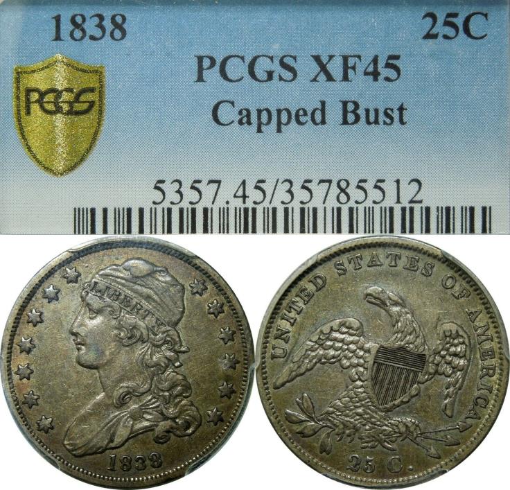 1838 25c Capped Bust Silver Quarter PCGS XF45 rare old type coin