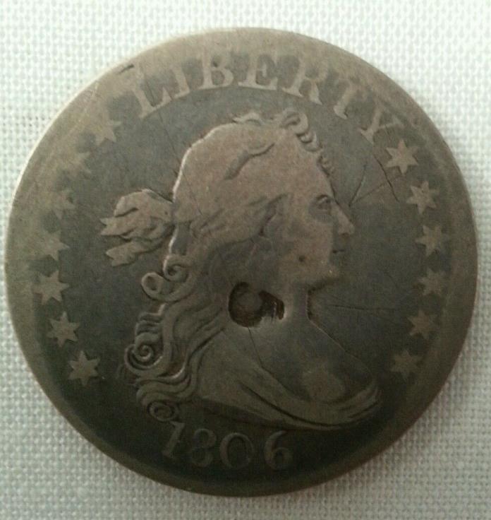 1806 us draped bust large eagle quarter $ counterstamped 5 merchant trade token