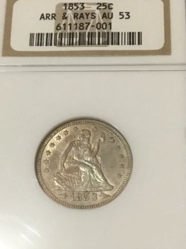 1853 25C seated liberty quarter with Arrows and Rays  NGC Au53