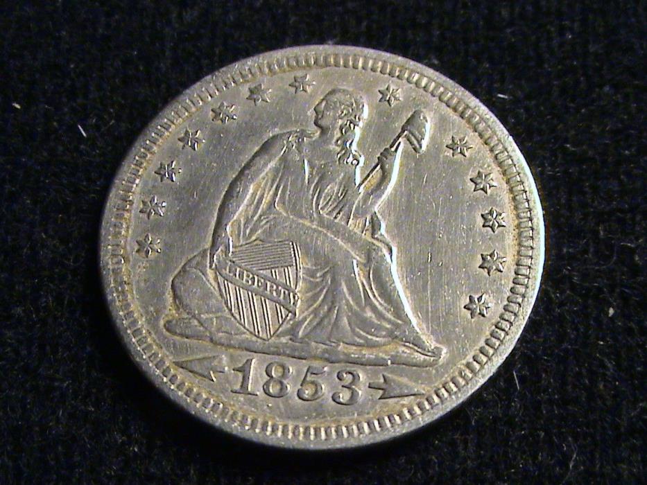 1853 Seated Liberty Silver Quarter, arrows/rays, full date, full liberty    Q883