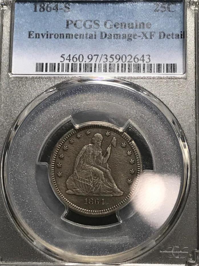 1864 S Liberty Seated Quarter - Very Rare Date - PCGS XF Details (Env. Damage)