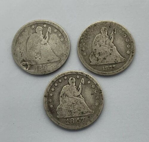 1847 - 1857 - 1877 Seated Liberty Quarter Lot Of (3) Silver Quarters Low Mintage