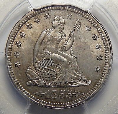 1855 PCGS/CAC MS63 ARROWS SEATED LIBERTY QUARTER