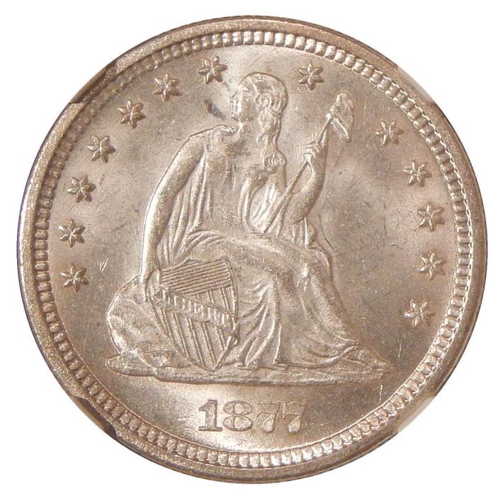 1877-S/HORIZ S 25c NGC MS-63+ ~ FROSTY WHITE SEATED LIBERTY QUARTER VARIETY