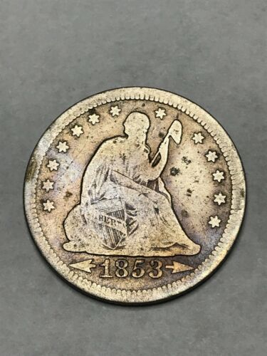 1853 Arrows & Rays Seated Liberty Quarter -F ** Pinkish Purple Toning