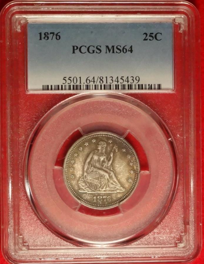 1876 25C PCGS MS64 NEAR GEM UNCIRCULATED SEATED LIBERTY QUARTER DOLLAR TYPE COIN
