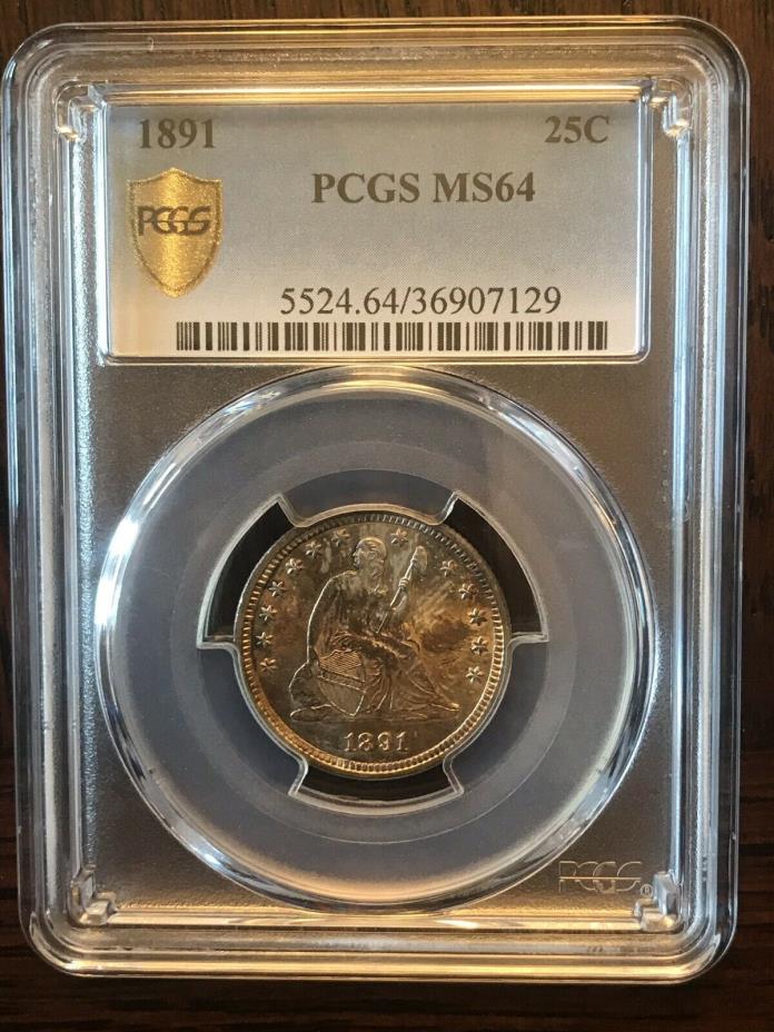 1891 25C Seated Liberty Silver Quarter PCGS Gold Shield Secure MS-64 COLOR TONE!