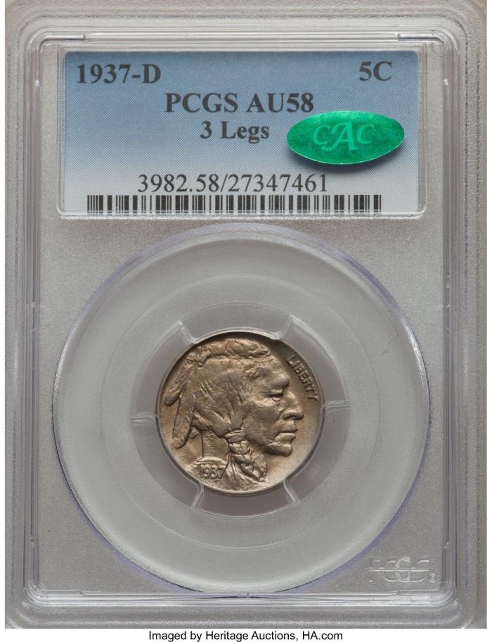 1937-D Buffalo Nickel 3-Leg ~ PCGS AU-58 CAC Approved - Amazing Eye Appeal AAA+