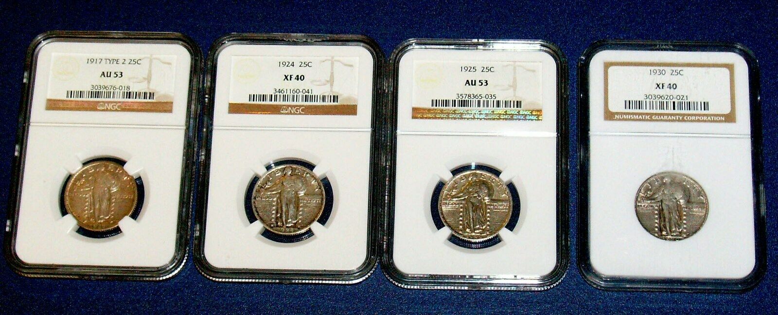 4 NGC 1917 type ll 1924 1925 1930 STANDING LIBERTY 25c QUARTER XF 40 and AU 53