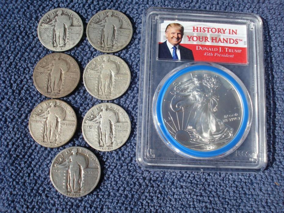 SEVEN STANDING LIBERTY QUARTERS + 2017 FIRST STRIKE DONALD TRUMP SILVER EAGLE $1