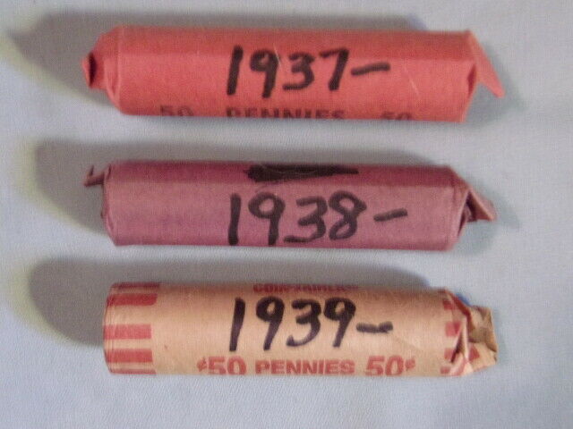 THREE 50-COIN ROLLS OF LINCOLN WHEAT PENNIES -- One 1937P, One 1938P, One 1939P