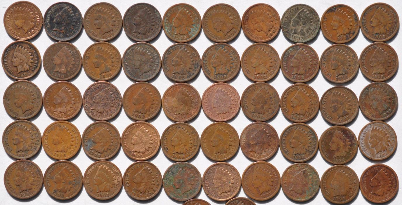 1892-1908 1C Indian Cent Roll Of 50 Coins 1894 Fifty Circulated Cents