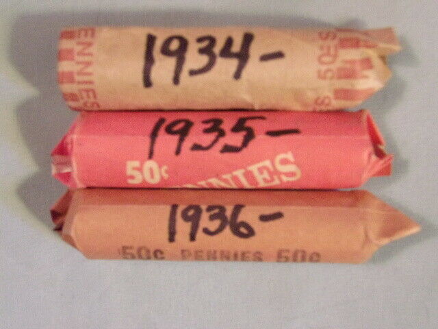 THREE 50-COIN ROLLS OF LINCOLN WHEAT PENNIES -- One 1934P, One 1935P, One 1936P