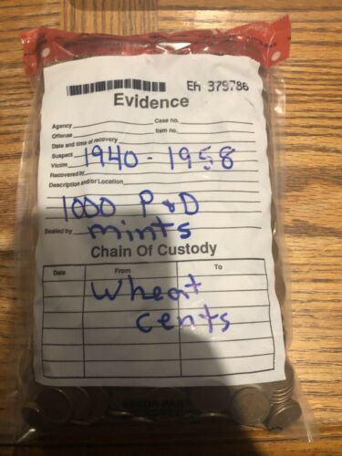 Bag Of 1000 Mixed Date Circulated Wheat Cents P&D Mints (1940-1958)
