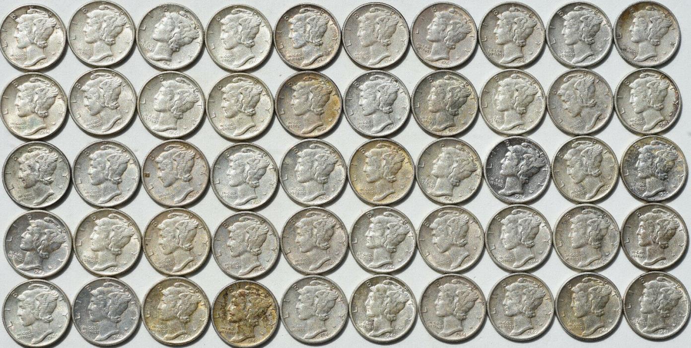 1937-1945 10C Mercury Dime 50 Coin Roll P S D Almost Uncirculated AU/BU