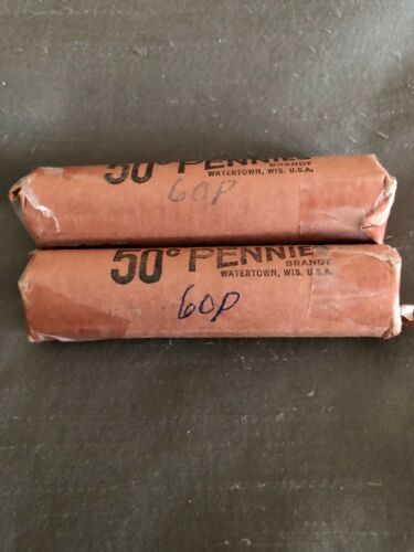 2 Rolls of 1960 Lincoln 50 BU Pennies in Paper Wrappers. Very Nice Coins
