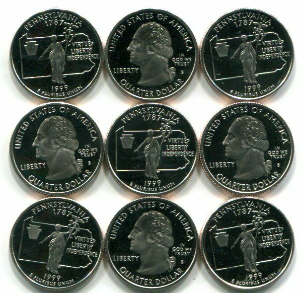 Rolls of 40 GEM PROOF CAMEO-S PENNSYLVANIA Clad State Quarters - Free Shipping