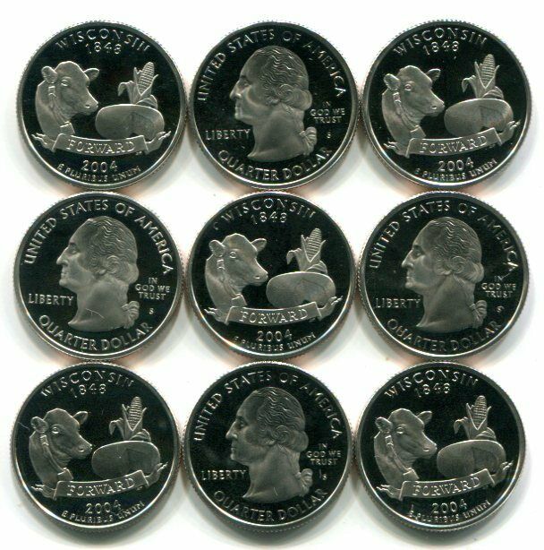 Rolls of 40 GEM PROOF CAMEO 2004-S WISCONSIN Clad State Quarters - Free Shipping