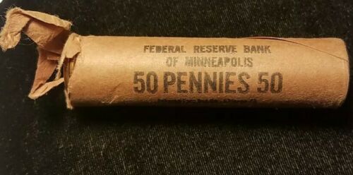 1957 D WHEAT PENNY ROLL FROM FEDERAL RESERVE BANK OF MINNEAPOLIS, end opened
