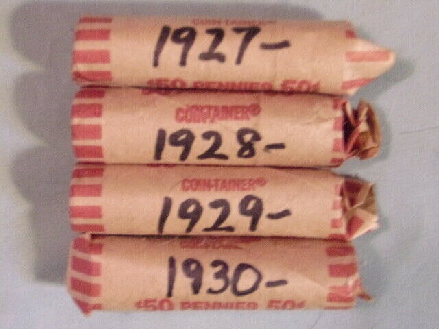 FOUR 50-COIN ROLLS OF LINCOLN WHEAT PENNIES -- 1927P, 1928P, 1929P and 1930P