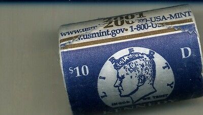 2001 D $10 KENNEDY HALF DOLLAR GOVERNMENT WRAPPED ROLL BU
