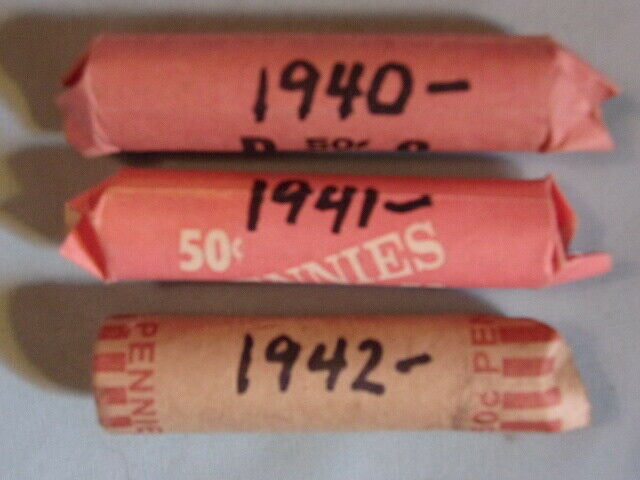 THREE 50-COIN ROLLS OF LINCOLN WHEAT PENNIES -- One 1940P, One 1941P, One 1942P